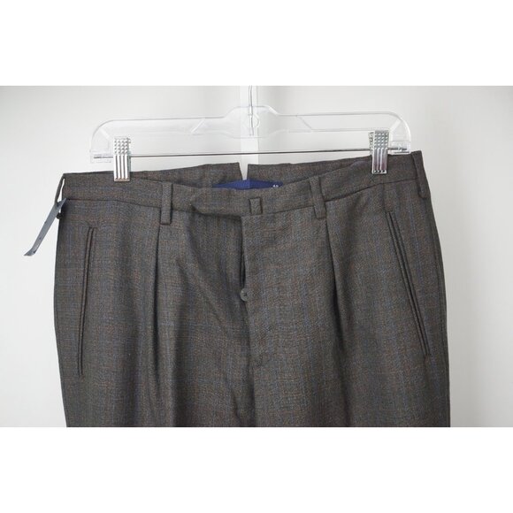 Incotex Brown Purple Plaid 100% Wool Buckle Back Dress Pants Sz 48 NEW